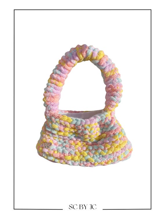 Handmade Chenille Yarn Purse - Pastel Purse - Handmade Bag - Rainbow Purse - Butterfly Enamel Charm - Rainbow Moth Charm