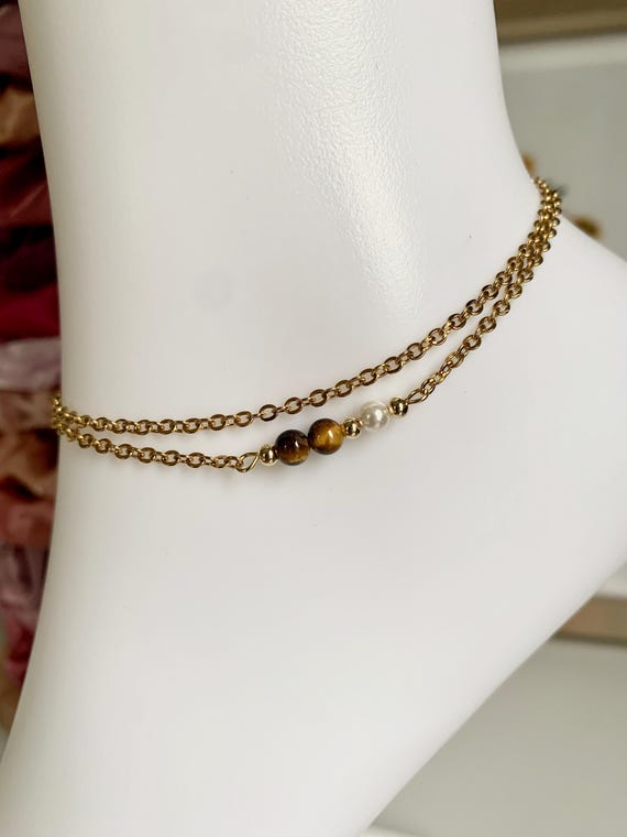 Tiger eye Anklet - gemstone anklet - pearl anklet - gold anklet - beach jewelry - layered ankle bracelet - free shipping