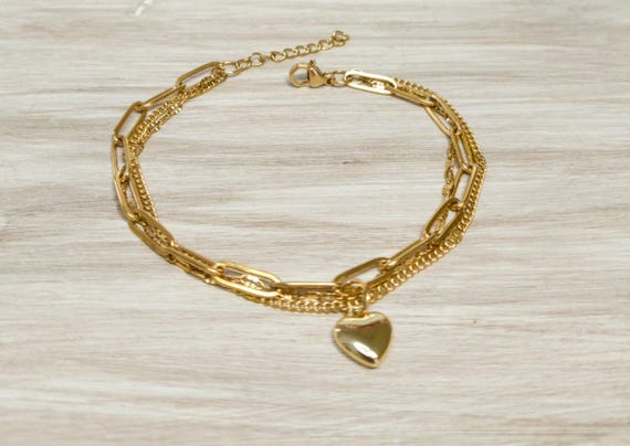 18k stainless steel Gold Plated 3 Layer Bracelet - Stainless Steel Heart Charm Bracelet - Minimalist Jewelry - Charm Bracelet - valentine