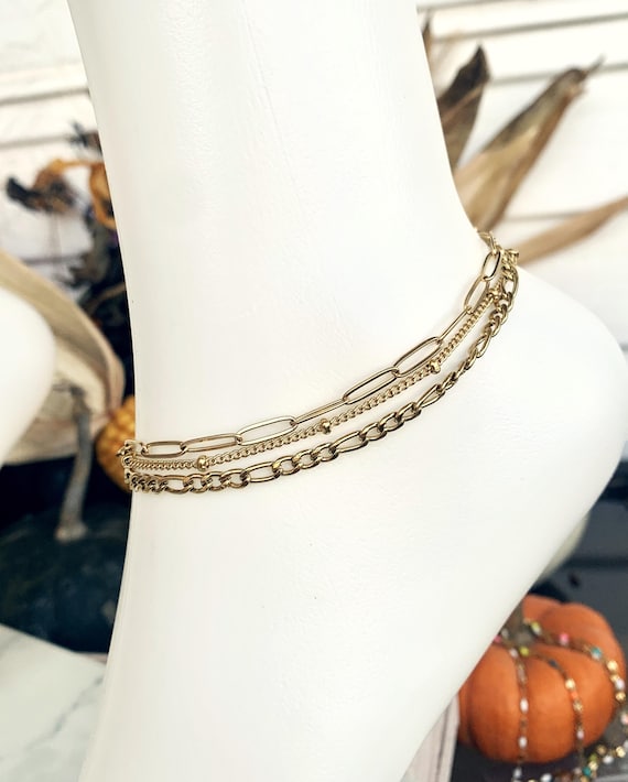 Gold Ankle Bracelet-Layered anklet-Statement anklet-Waterproof anklet-Vacation jewelry-Charm bracelet-Beach jewelry