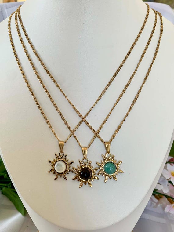 Sun Gemstone Necklace - Adjustable Chain - Gold or Silver Stainless Steel - Black Onyx - Tiger Eye - Amazonite  Mother of Pearl Jewelry