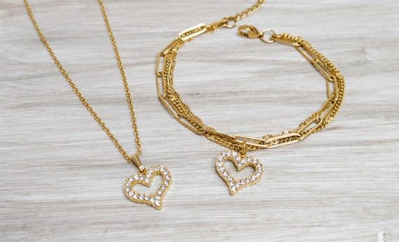 Valentines Necklace & Bracelet Set - Zirconia Heart Necklace - Heart Jewelry - Diamond necklace - Zircon heart - Charm Bracelet - Valentine