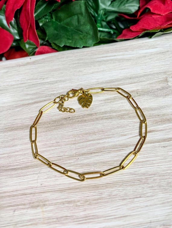 Stainless steel 18k Gold Plated Paperclip Chain Bracelet - Stainless Steel Monstera Leaf Charm Bracelet - Minimalist Layering Jewelry