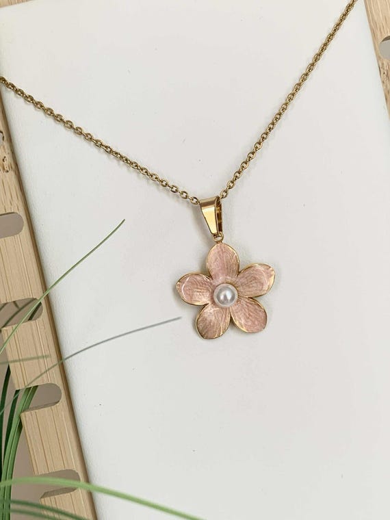 Flower Necklace | 18K Gold Plated Stainless Steel | Dainty Floral Pendant with 2" Extension | Teal Blue or Pink | Summer Necklace