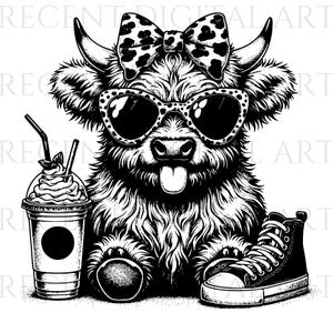 Highland Cow With Sunglasses Svg & Png, Cute Cow Clipart, Highland Cow Vector Image, Sublimation Design, Farm Animal | Instant Download