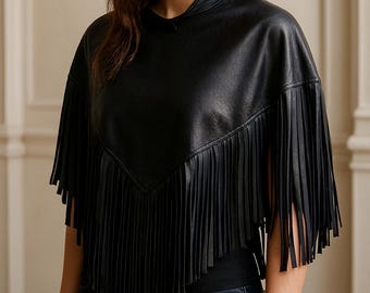 Showdiva Designs Leather Cape Poncho Rabbit Collar Capelet Beaded