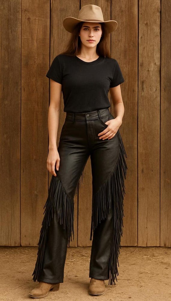 Black Fringe Cowhide Leather Pants: High Waisted Western Flare