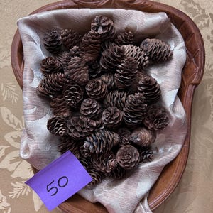 May include: A wooden bowl with a light brown linen napkin inside. The bowl is filled with a collection of brown pine cones. A purple sticky note with the number "50" written on it is attached to the side of the bowl.