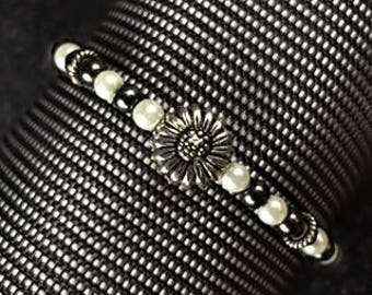 Sterling Silver, Sunflower Bracelet, Black & White Pearls