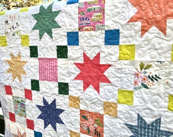 Quilt Baby Community Citrus Mint Toddler Star House Park Kids Bike Blue Green Coral Pink Lime Yellow Bright Happy Neighborhood piecesofpine