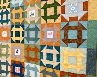 Quilt Autumn Lap Throw Crib Baby Churn Dash Fall Patchwork Solid Green Blue Gold Orange Brown Animal Seasons Scrappy piecesofpine