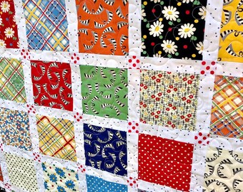 Quilt Bubble Pop Baby Toddler Nursery Crib Patchwork Square Scrappy Red Blue Green Cotton Polka Dot Plaid Floral Bright Piecesofpine