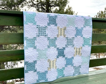 Quilt Baby Crib Nursery Patchwork Boy Girl Blue Toddler Lap White Dots Check Stripe Square Moon Star Winter Aqua Grey piecesofpine