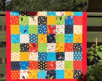 Quilt Baby Toddler Kid Bicycle Bunch Monkey Banana Bug Insect Beetle Sun Nursery Crib Red Blue Green Yellow Square Patchwork Piecesofpine