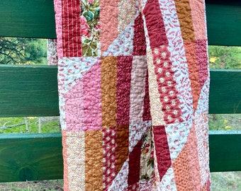 Quilt Happy Stripes Baby Lap Throw Blush Pink Red Burgundy Gold Strip Floral Romantic Summer Picnic Laundry Basket Quilt piecesofpine