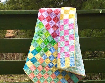 Batik Quilt Baby Toddler Lap Throw Cotton Bright Spring Summer Nursery Crib Play Mat Blue Green Pink Yellow Peach Gold Kids Piecesofpine