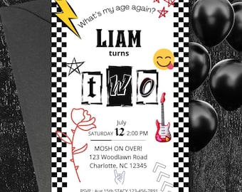 Punk Rock and Roll Second Birthday Invitation Emo Party Invitation 2nd Birthday Invitation Template What's my age again Kids Birthday