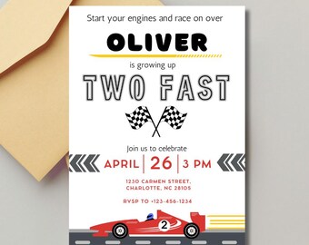 May include: A birthday invitation for a child turning two years old. The invitation features a red race car with a checkered flag and the text "Oliver is growing up TWO FAST". The invitation also includes the date and time of the party, "April 26 | 3 PM", and the address, "1230 Carmen Street, Charlotte, NC 28105".