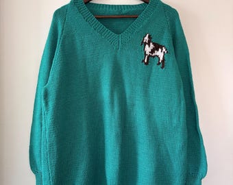 Hand Knitted Dog Motif V-Neck Relaxed Fit Sweater, Vintage 1980s, Size L
