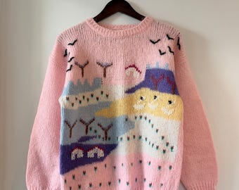 Vintage 1980s Hand Knitted and Embroidered Mohair Blend Jumper, Whimsical Scenic Landscape, Size M