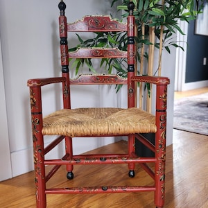Kinder Hindlelooper Childs Antique Chair. Circa 1894. Shaker chair. ladder back, hand painted, Netherlands, rush seat. Mint cond. Signed.
