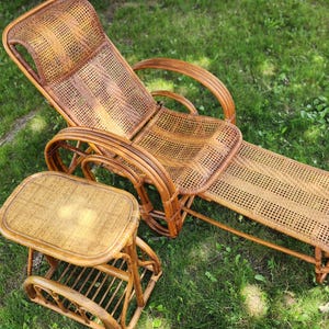 Italian Riviera MCM bentwood bamboo rattan weave lounge chair, ottoman, and side table.