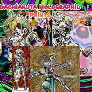 May include: A vibrant collage featuring anime-style illustrations with a psychedelic theme. The artwork includes characters with unique features, set against a backdrop of swirling colors and patterns. Text at the top reads "GACHIAKUTA HOLOGRAPHIC PRINTS."