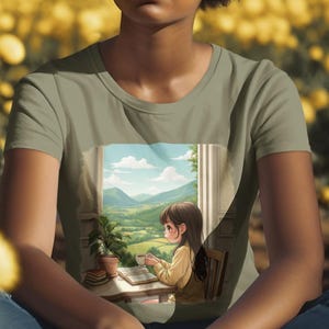 Camiseta unisex de algodón grueso con texto en inglés "Cozy Reading Time", camiseta de mujer con vista panorámica de café y chica de dibujos animados, regalo para amantes de los libros, camiseta relajante, camiseta para amantes del café