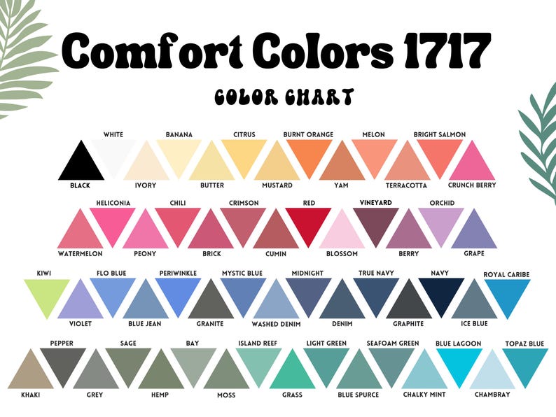 May include: A color chart with 48 different colors arranged in a triangular pattern. Each color is labeled with a name, such as "Kiwi", "Flo Blue", "Midnight", and "Topaz Blue". The chart is titled "Comfort Colors 1717 Color Chart".