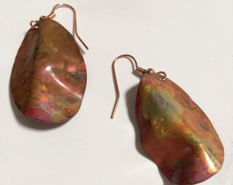 Colored Copper Earrings, Fire Painted Hand Forged Dangles