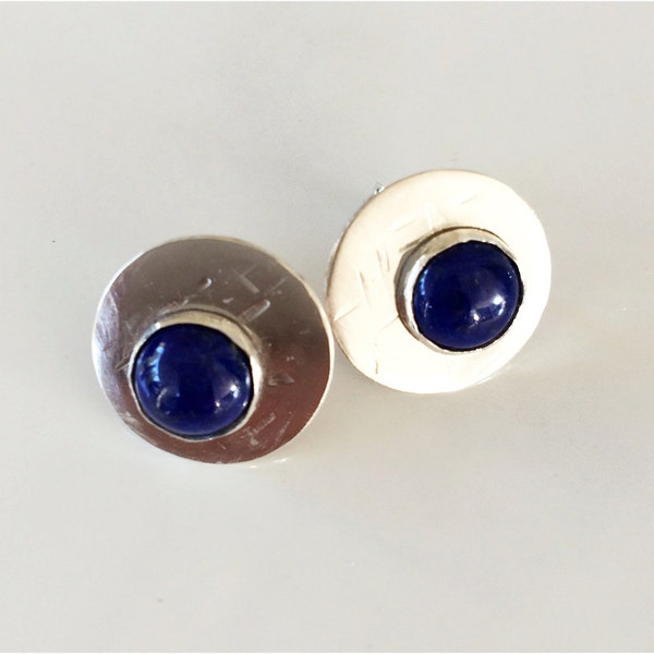 Lapis Lazuli Studs: Blue Cabochons on  Sterling Circles, Hammered Texture