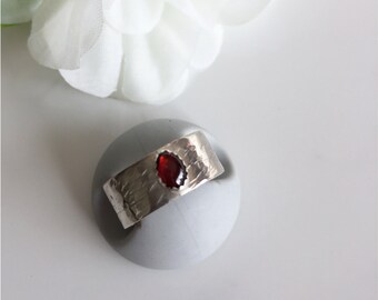 Garnet Ring January Birthstone on Wide Sterling Band, for Friendship, Promise, Engagement, Wedding or Birthday