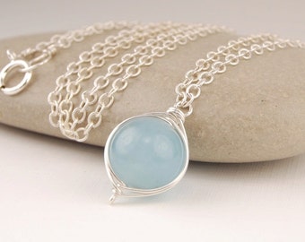 Aquamarine necklace, handmade wire wrapped pendant necklace in sterling silver, March birthstone, simple silver necklace