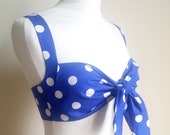 Blue Polka Dot Pin Up Style Tie Front Bra Top - Ready to Ship in Size S