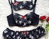 Skull and Crossbones Bralette and Frilly Knickers Lingerie Set with Sleep Mask - Made to Order in Sizes XS-XXL