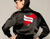 Satin Pin Up Style Bomber Jacket with Tattoo Motif - Sizes: XS - XL
