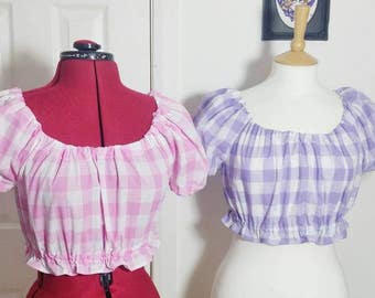 Gingham Peasant Top, Off the Shoulder Top, Pin Up Girl Top, Gingham Crop Top, Vintage Top, Retro Clothing, Rockabilly Top, Choice of Colour