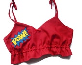 Comic Book Crop Top, Frilly Bra Top, Retro Style Bralette, Red Pyjama Top, Cosplay, Geek Girl, Pow Crop Top, Gamer Girl, Size: XS-XXL