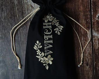 WITCH Embroidered Tarot Bag – Black Cotton Card Pouch, Gothic Spiritual Tools, Witchcraft Gift