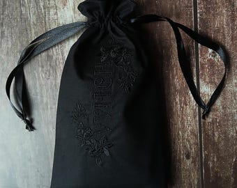 WITCH Embroidered Tarot Bag – Black on Black Cotton Pouch, Minimal Occult Storage, Gothic Tools
