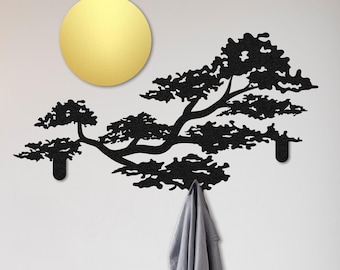 Oak Tree Coat Rack with the Sun, Decorative Hooks, Clothes Hanger, Entryway Organizer, Bag Holder, Hat Rack, Unique Design Hall Tree Coat