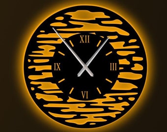 Sonnenuntergang Metalluhr mit LED-Leuchten, einzigartige moderne Uhr Kunst, große Uhr Dekor, neues Zuhause Geschenk, stille Wanduhr, schwarze Wanduhr
