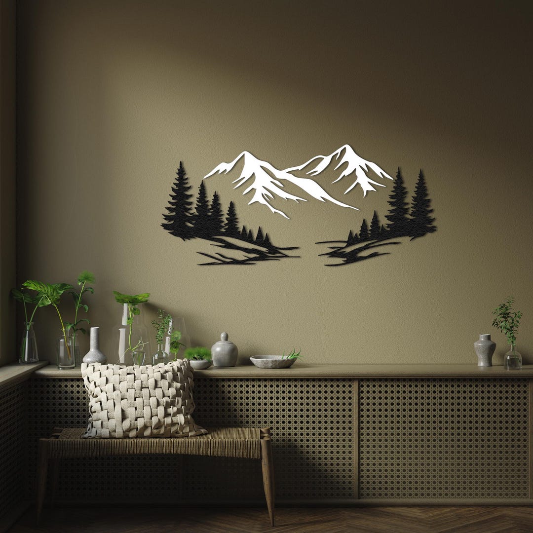 Mountain Forest Metal Wall Art, Snowy Landscape, Evergreen Trees, Lake ...