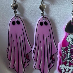 Pink Ghost Earrings with Heart Chain