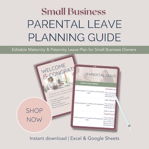 Peut inclure: Un guide numérique rose et blanc avec le texte "Small Business Parental Leave Planning Guide" et "Editable Maternity & Paternity Leave Plan for Small Business Owners". Le guide est ouvert sur l'écran d'une tablette et affiche un message de bienvenue et une section intitulée "Parental Leave" avec une liste de tâches à effectuer.