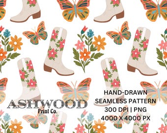 Patrón floral bohemio occidental sin costuras dibujado a mano de alta calidad 300 DPI PNG 4000 x 4000 px Bota de vaquera Patrón de mariposa atrevido, floral sin costuras