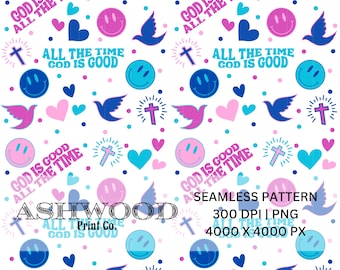 Colorful and Bright Faith Based God is Good Seamless White PNG High Quality 300 DPI 4000 x 4000 px Happy Christian Pattern Digital Download