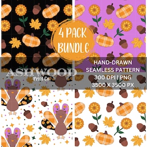4 pack Bundle hand-drawn fall theme high quality seamless pattern 300 DPI PNG Instant Digital Download seamless files Thanksgiving pattern