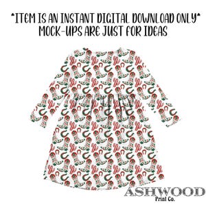 May include: White long-sleeved dress with a red and green pattern of cowboy boots and horseshoes. The dress has a gathered skirt and long sleeves. The text "ASHWOOD Print Co." is at the bottom of the dress.