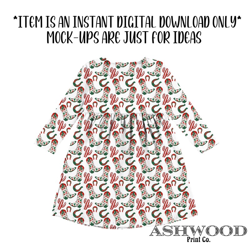 May include: White long-sleeved dress with a red and green pattern of cowboy boots and horseshoes. The dress has a gathered skirt and long sleeves. The text "ASHWOOD Print Co." is at the bottom of the dress.